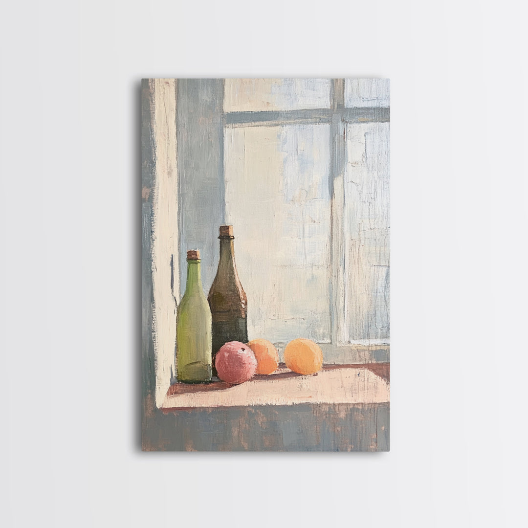 Bottles And Citrus On Windowsill Canvas Print, Rustic Kitchen Wall Art, Still Life Art Print, Farmhouse Dining Room Decor
