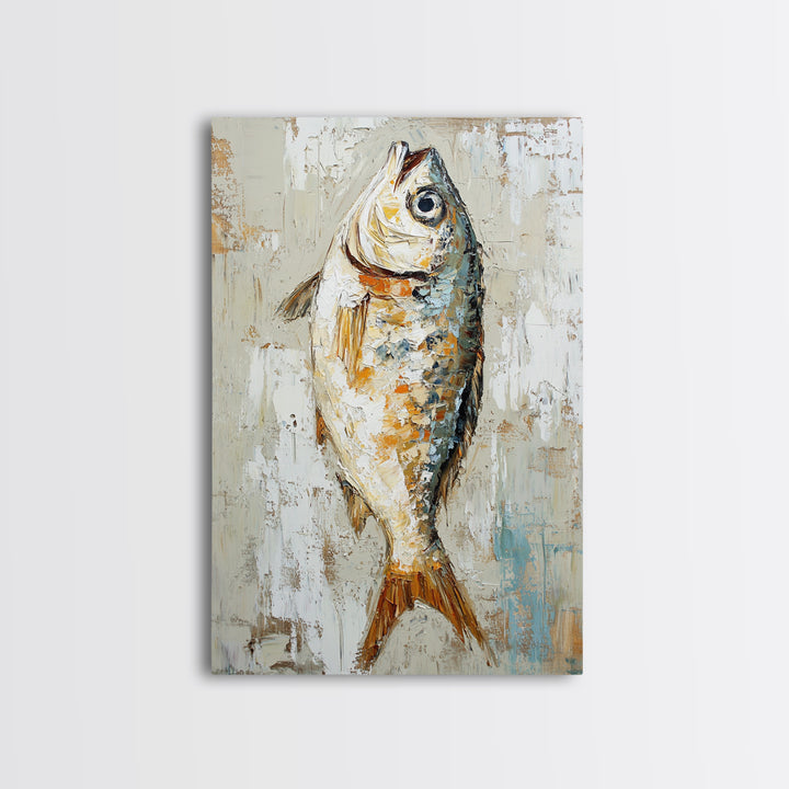 Silver Fish Impasto Canvas Print, Coastal Kitchen Wall Art, Nautical Seafood Decor, Ocean Animal Art Print, Beach House Gift
