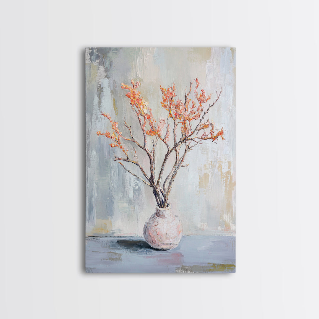 Orange Blossom Branches In Ceramic Vase Canvas Print, Minimalist Botanical Wall Art, Japandi Decor, Calm Neutral Home Gift
