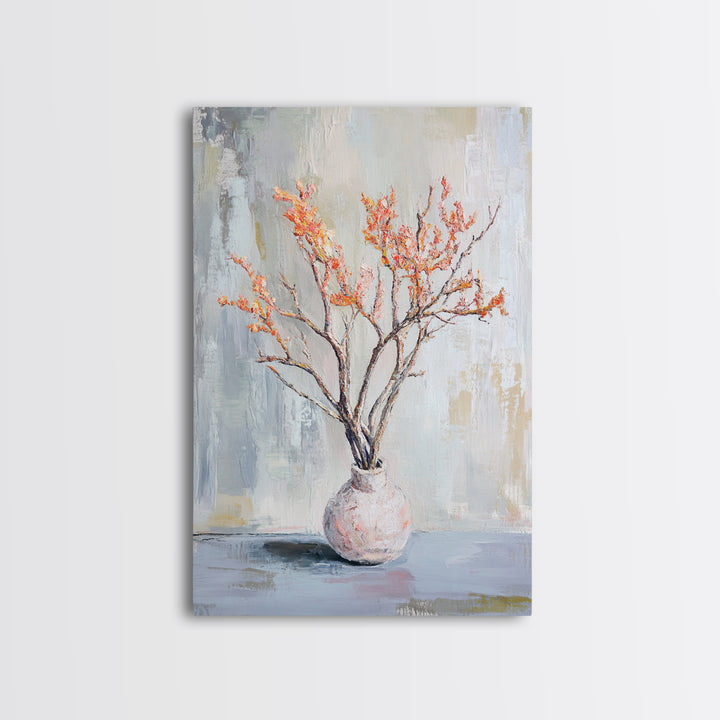 Orange Blossom Branches In Ceramic Vase Canvas Print, Minimalist Botanical Wall Art, Japandi Decor, Calm Neutral Home Gift