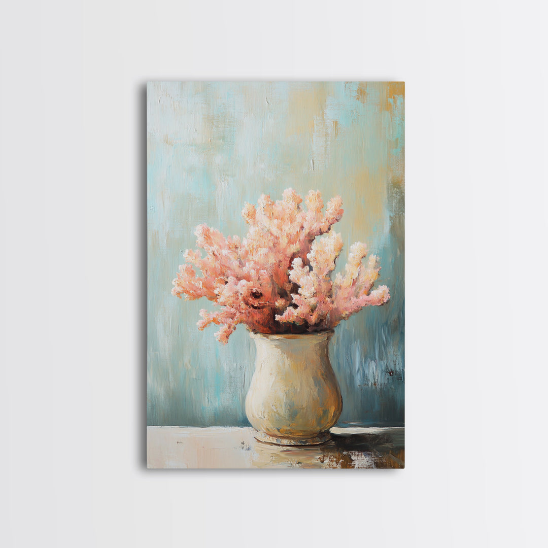 Pink Coral Still Life In Ceramic Vase, Framed Canvas Print, Coastal Wall Art, Beach House Decor, Soft Pastel Home Decor Gift