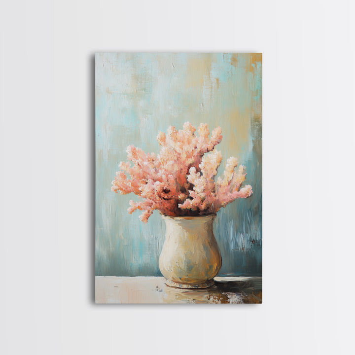Pink Coral Still Life In Ceramic Vase, Framed Canvas Print, Coastal Wall Art, Beach House Decor, Soft Pastel Home Decor Gift