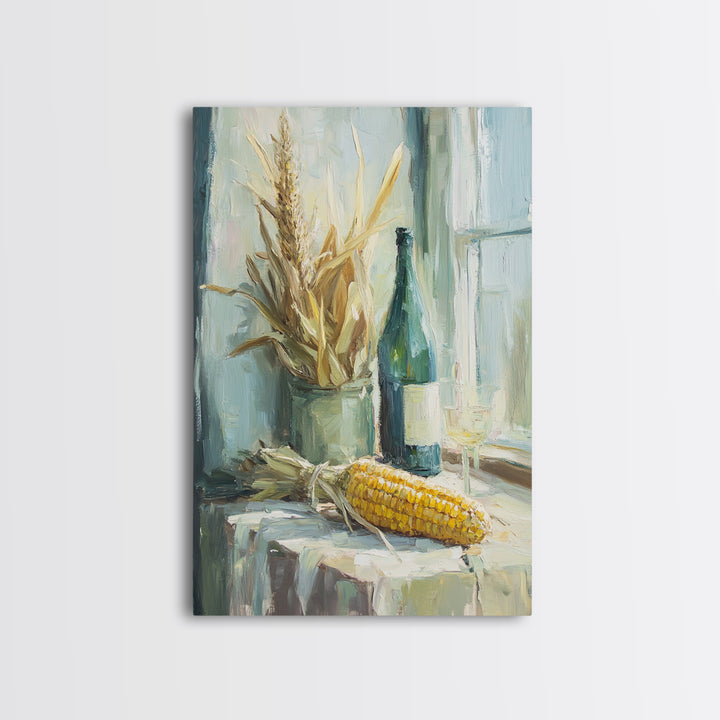 Sunlit Corn And Wine Bottle Still Life, Canvas Print, Farmhouse Kitchen Wall Art, Rustic Country Decor, Dining Room Print