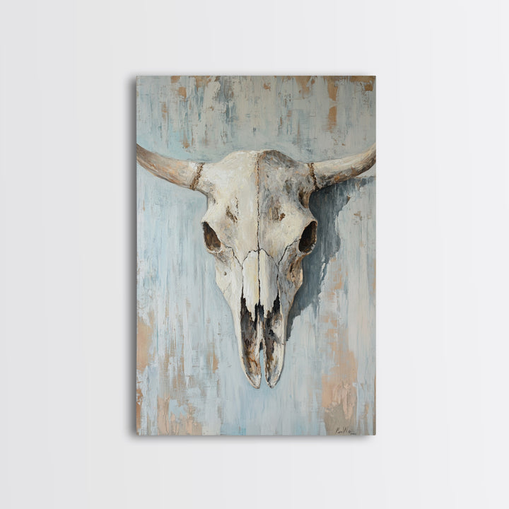 White Longhorn Skull On Blue Wood, Framed Canvas Print, Western Wall Art, Southwestern Decor, Rustic Farmhouse Gift For Him