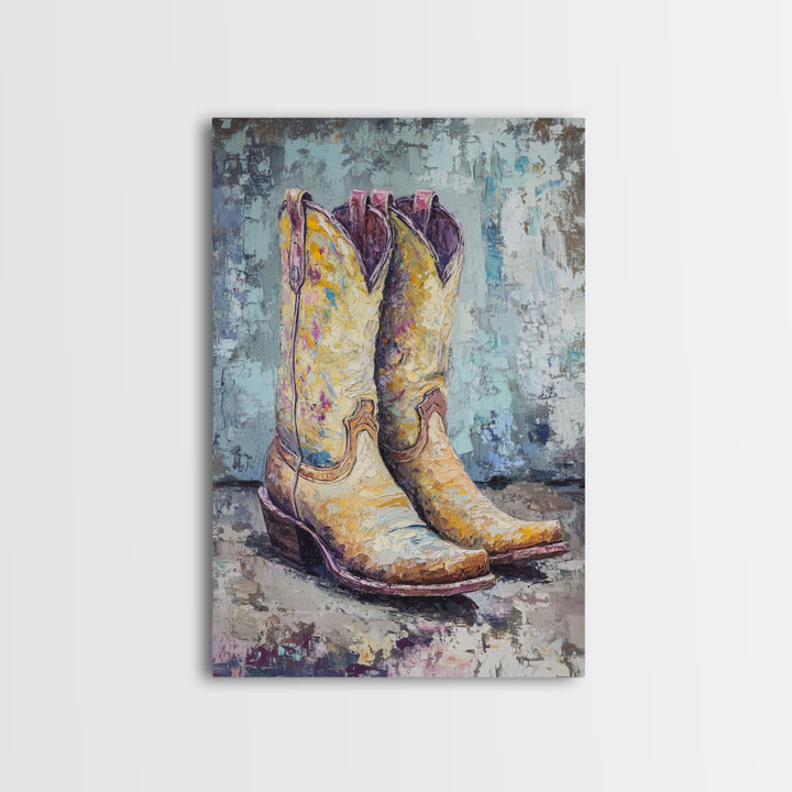 Yellow Cowboy Boots Oil Painting, Canvas Print, Western Wall Art, Cowgirl Decor, Rodeo Housewarming Gift, Rustic Home Decor