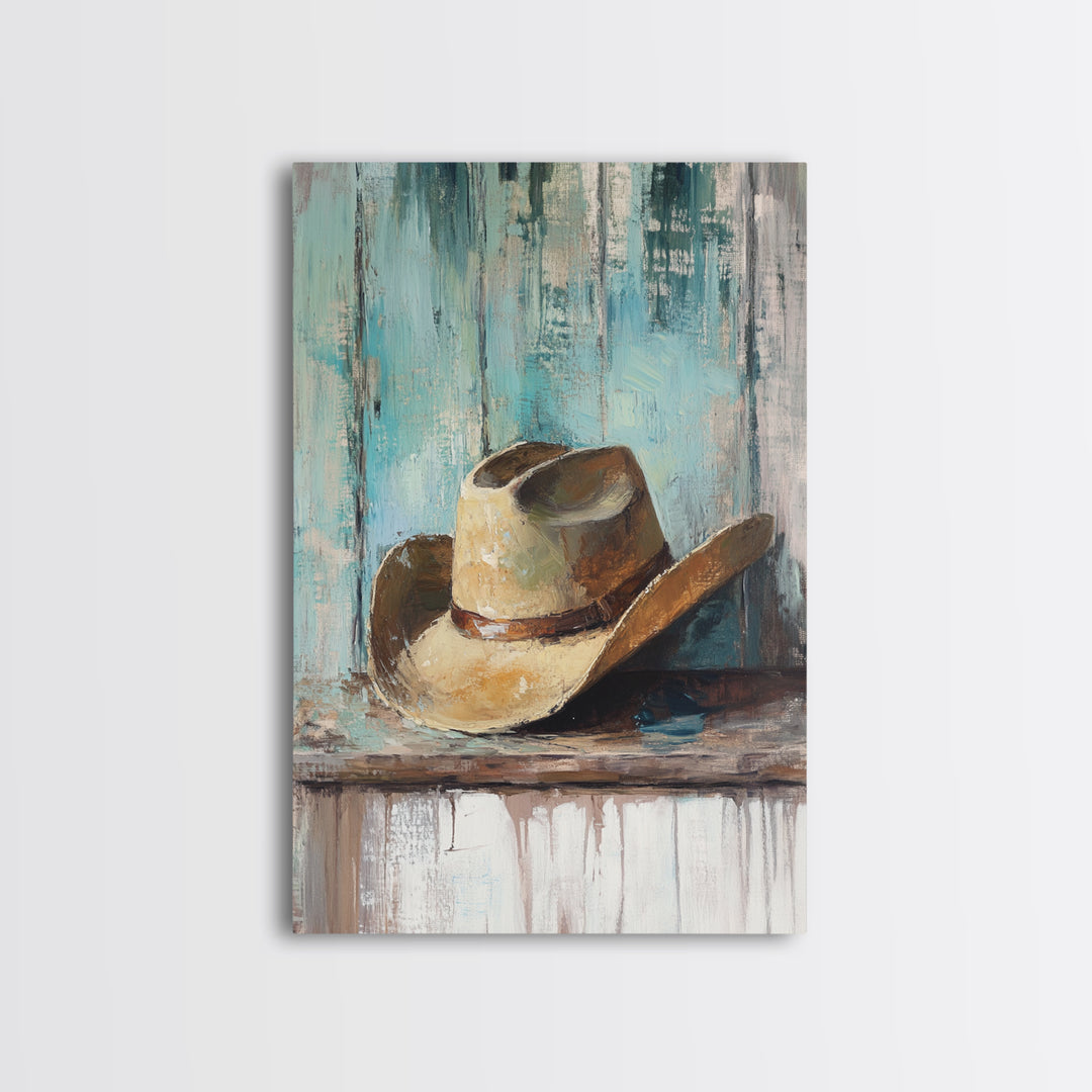 Worn Cowboy Hat On Weathered Shelf, Framed Canvas Print, Western Wall Art, Rustic Ranch Decor, Gift For Him, Man Cave Decor