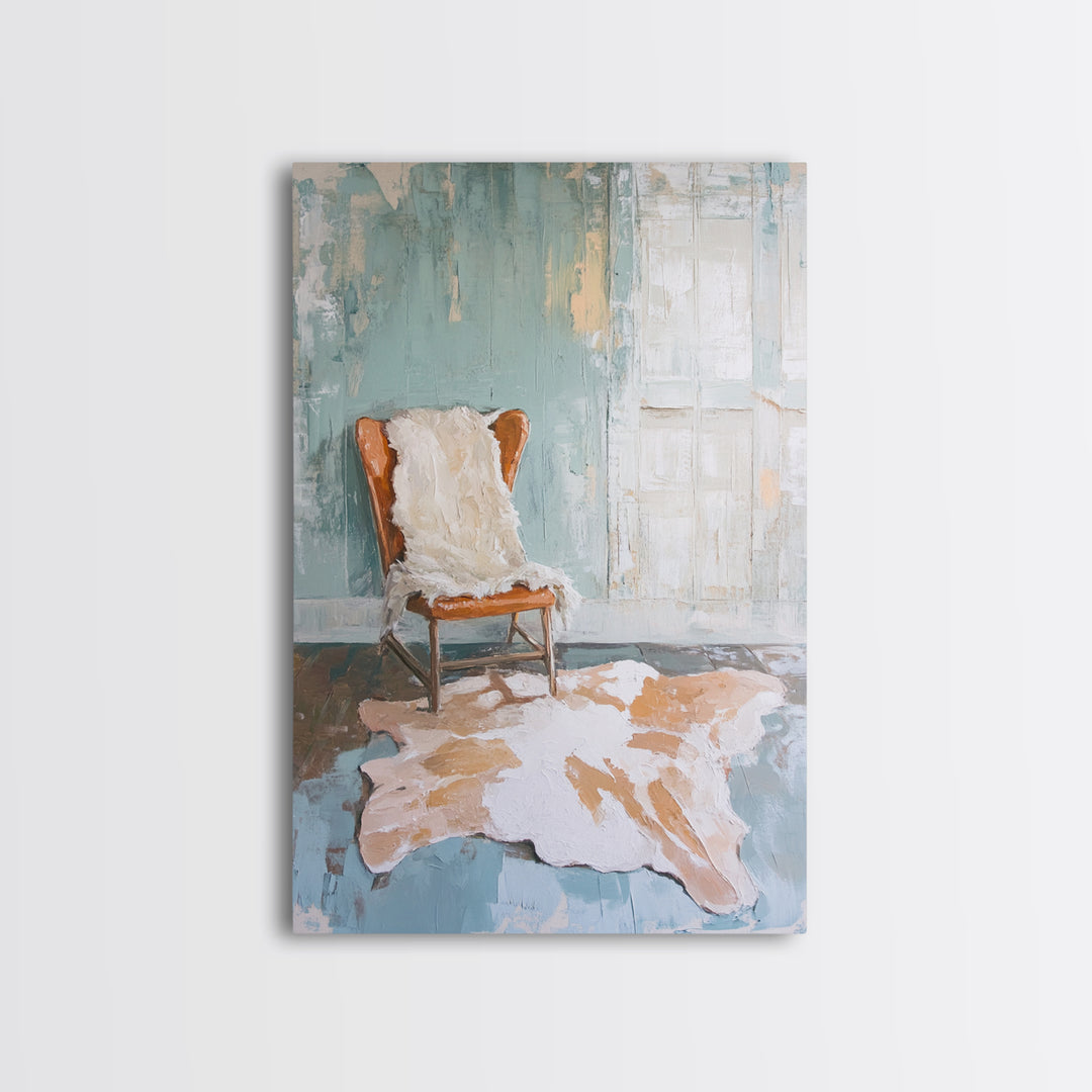 Leather Chair And Cowhide Rug Interior, Canvas Print, Rustic Wall Art, Western Home Decor, Neutral Living Room Wall Art Print