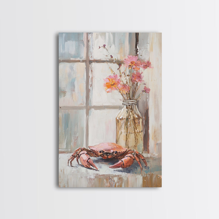 Blue Crab And Pink Flowers By Window, Framed Canvas Print, Coastal Kitchen Wall Art, Beach House Decor, Seafood Wall Art