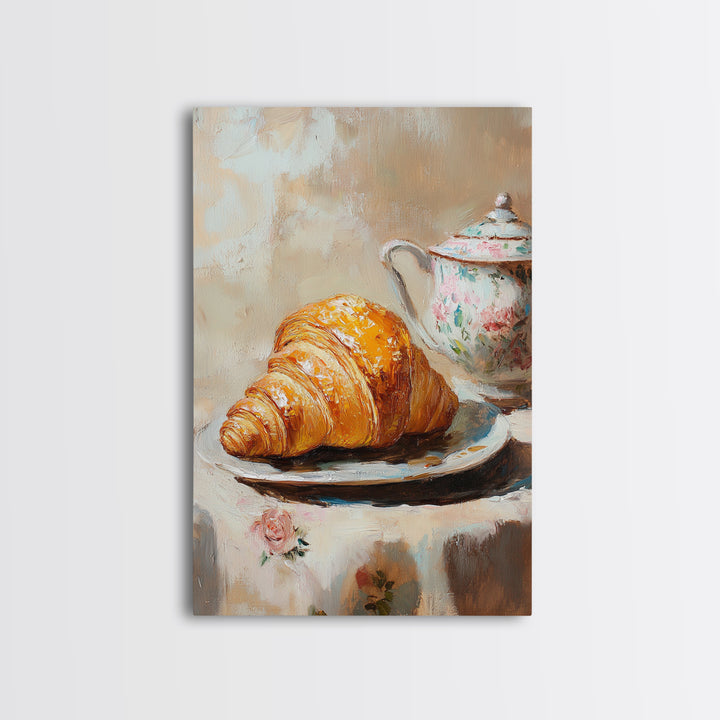 Golden Croissant And Floral Teapot Framed Canvas Print, French Bakery Wall Art, Kitchen Decor, Cafe Art Print, Foodie Gift