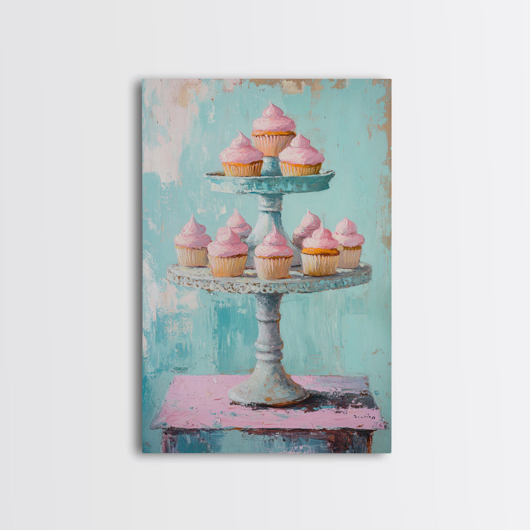 Pink Cupcakes On Tiered Stand Canvas Print, Cute Bakery Wall Art, Girls Room Decor, Dessert Art, Kitchen Decor Gift, Home Decor