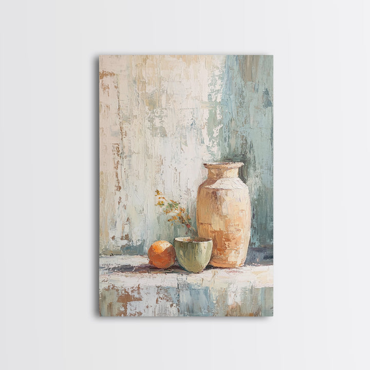 Rustic Vase With Orange Still Life Canvas Print, Neutral Wall Art, Farmhouse Decor, Kitchen Art, Minimalist Home Decor Gift