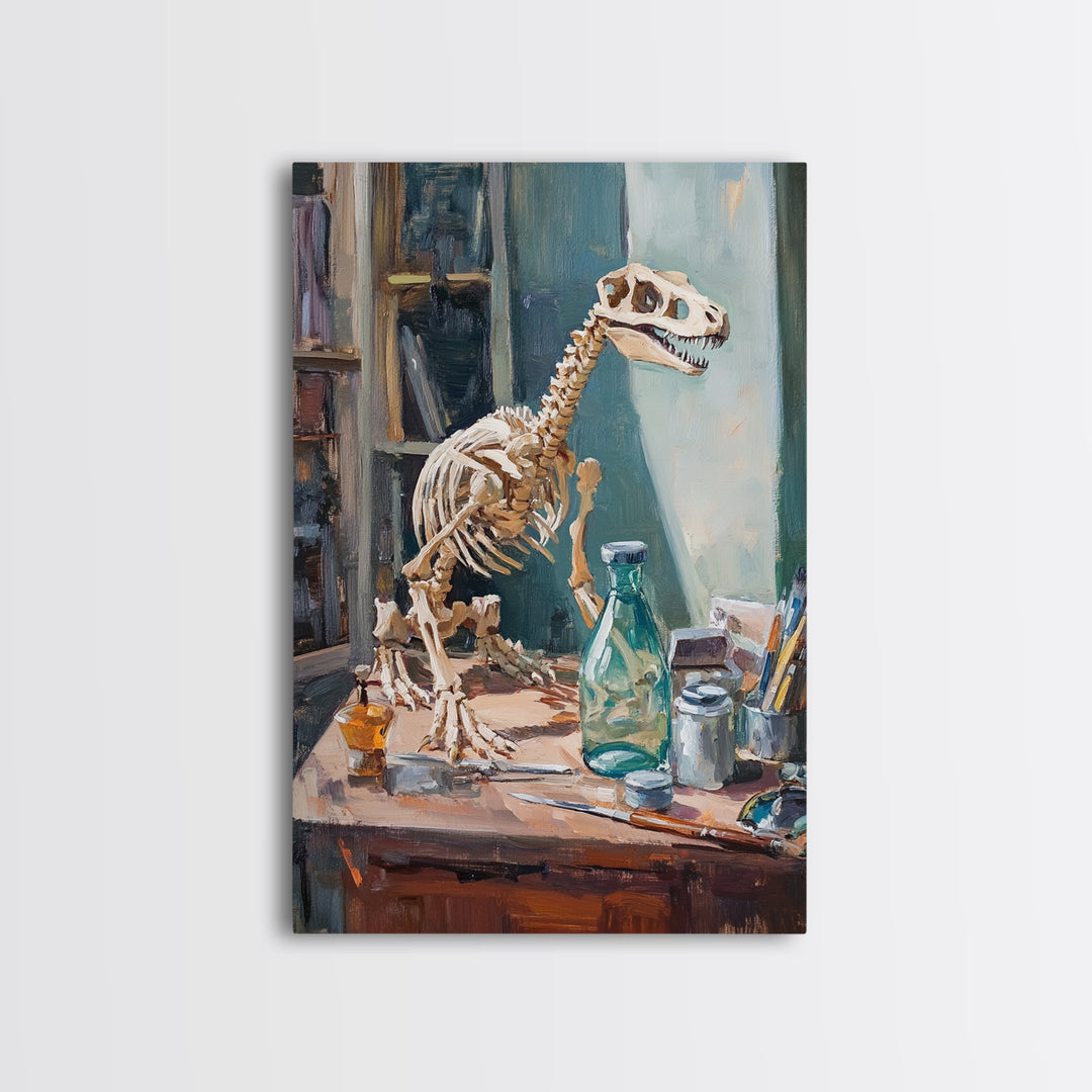 Dinosaur Skeleton On Artist Desk Canvas Print, Curiosity Cabinet Wall Art, Science Decor, Kids Room Decor, Unique Gift For Kids