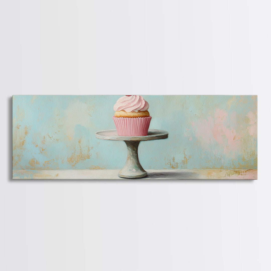 Pink Cupcake On Pedestal Wall Art, Cute Bakery Art, Kitchen Decor, Girls Room Decor, Dessert Print, Gift For Foodie, Home Decor