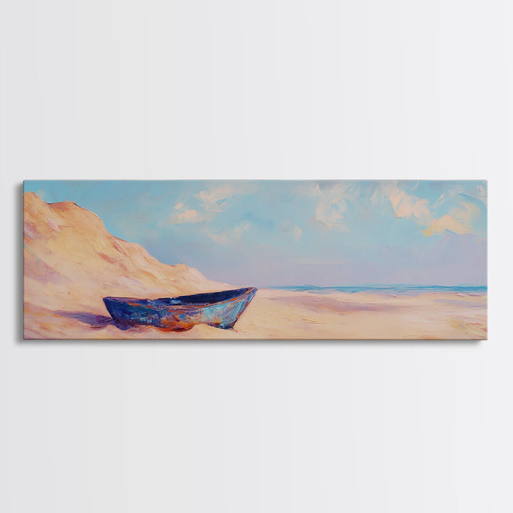 Blue Boat On Sandy Beach Wall Art, Coastal Landscape Painting, Ocean Wall Decor, Beach House Decor, Nautical Print, Summer Home Decor