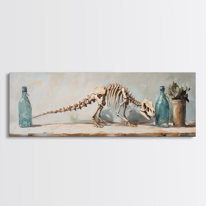 Dinosaur Skeleton Still Life Canvas Print, Quirky Science Wall Art, Oddities Decor, Curiosity Cabinet, Office Decor, Gift For Him