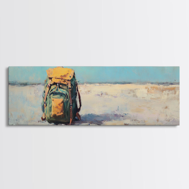 Lonely Backpack On Beach Canvas Print, Minimalist Coastal Landscape Art, Travel Wall Decor, Adventure Gift For Him, Office Decor
