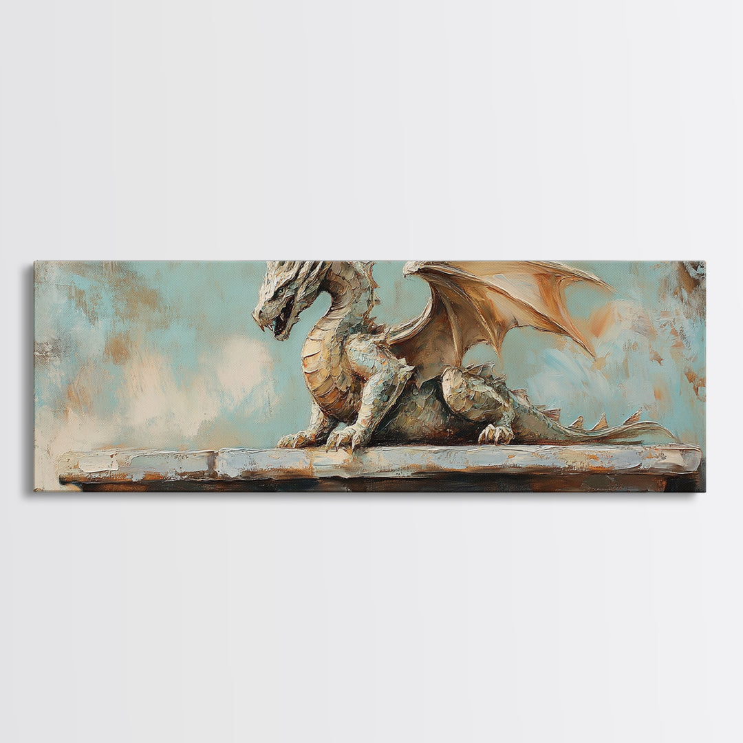 Textured Stone Dragon Framed Canvas Print, Fantasy Wall Art, Gothic Medieval Decor, Mythical Creature Gift For Gamer Room Decor