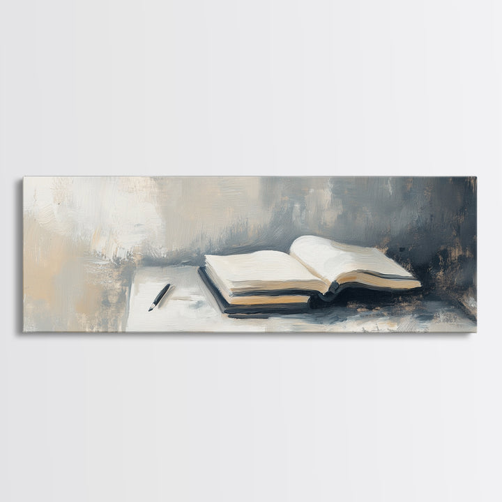 Open Book And Pen Wall Art, Minimalist Literary Canvas Print, Neutral Office Decor, Library Reading Nook Gift For Her, Home Decor