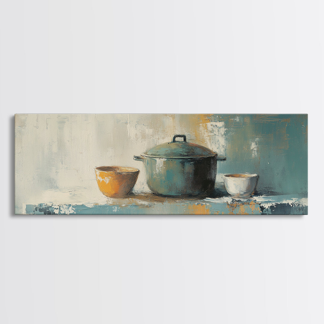 Blue Pot And Bowls Kitchen Wall Art, Rustic Farmhouse Decor, Modern Still Life Canvas Print, Cozy Dining Room Decor, Home Decor