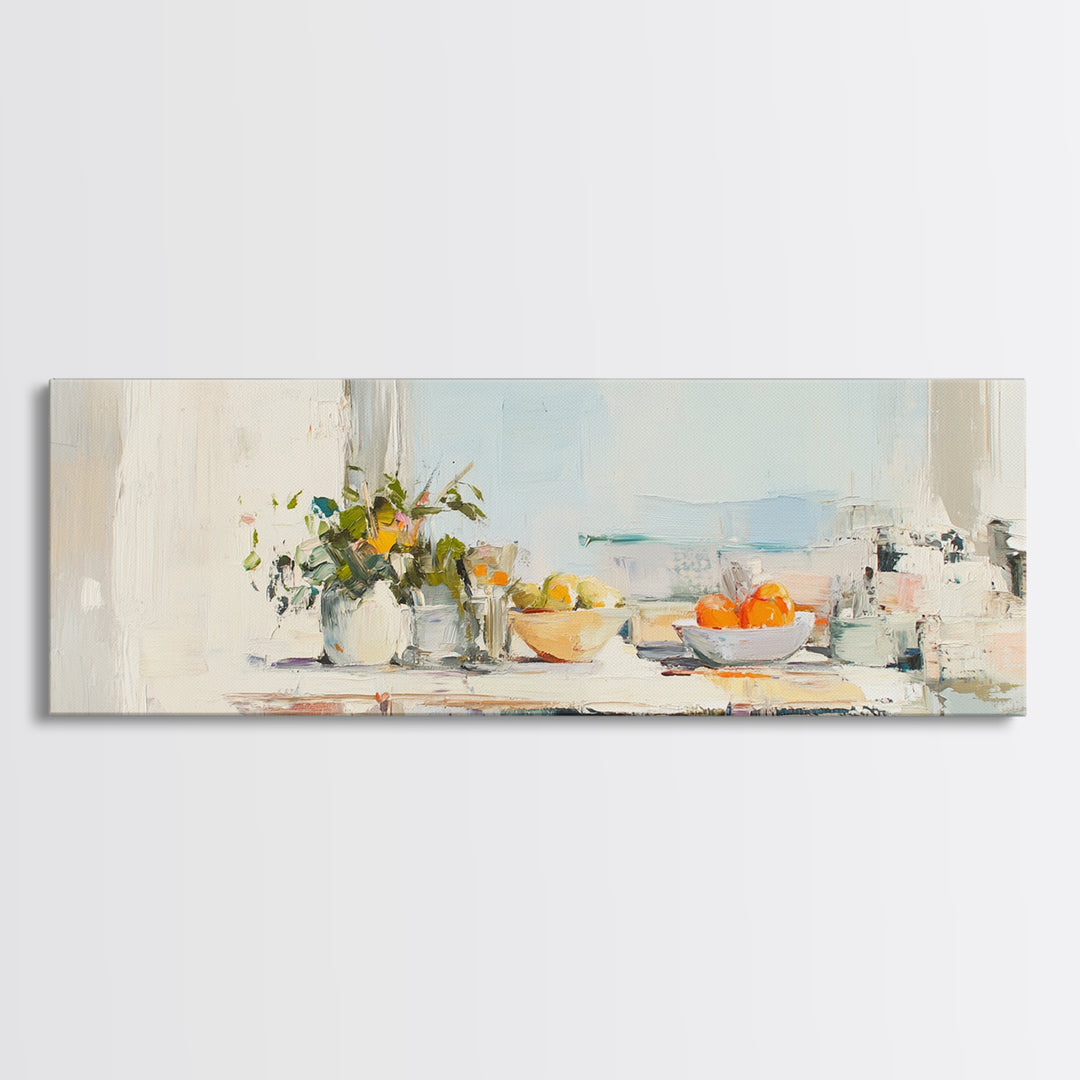 Sunlit Kitchen Counter With Flowers Wall Art, Fruit Still Life Canvas Print, Modern Farmhouse Dining Room Home Decor, Wall Decor