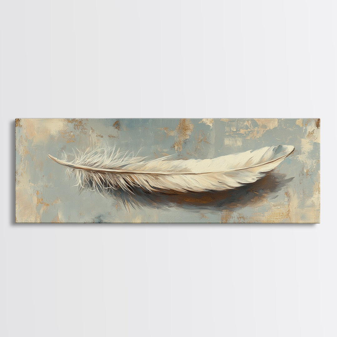 White Feather On Textured Neutral Wall Art, Minimalist Canvas Print For Bedroom, Boho Decor, Calming Coastal Home Decor Gift