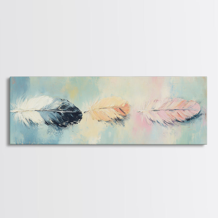 Three Pastel Feathers On Blue Wall Art, Boho Canvas Print For Nursery, Bedroom, Feminine Decor, Soft Coastal Home Decor Gift