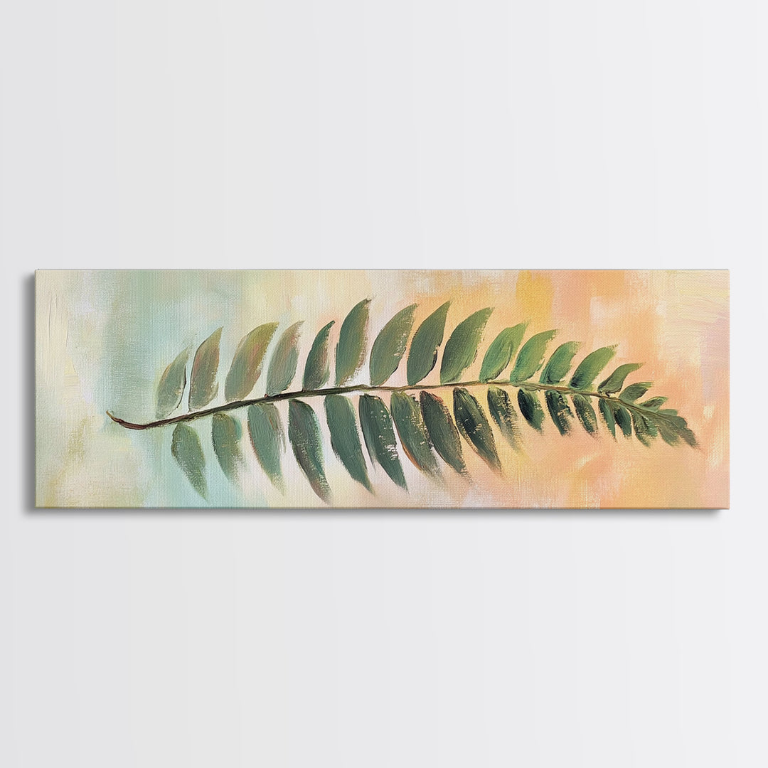 Green Fern Leaf On Pastel Abstract Wall Art, Botanical Canvas Print For Bathroom, Nature Decor, Sage Green Living Room Art
