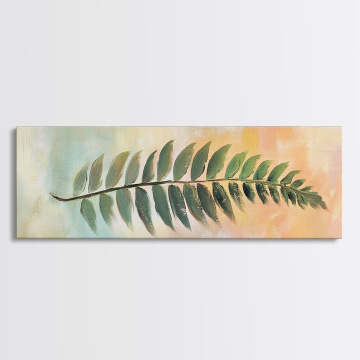 Green Fern Leaf On Pastel Abstract Wall Art, Botanical Canvas Print For Bathroom, Nature Decor, Sage Green Living Room Art