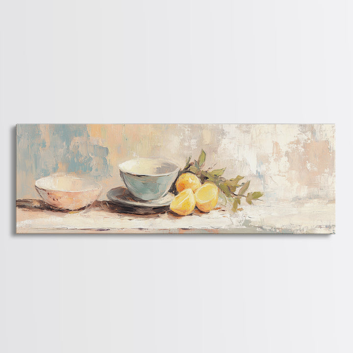 Blue Bowls And Lemons Still Life Canvas Print, Modern Kitchen Wall Art, Food Decor, Citrus Painting, Home Decor, Housewarming Gift