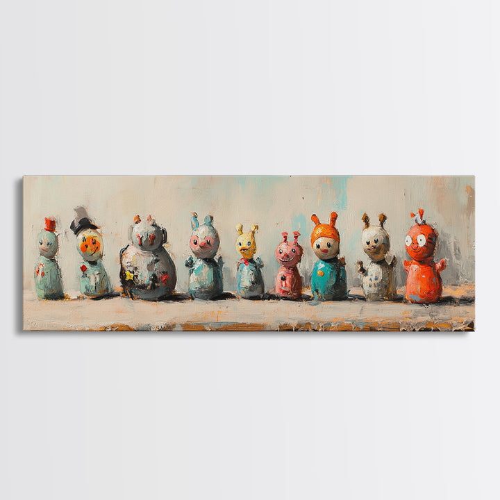 Whimsical Monster Figurines Wall Art, Quirky Kids Room Decor, Playroom Art Print, Colorful Eclectic Nursery Canvas Print