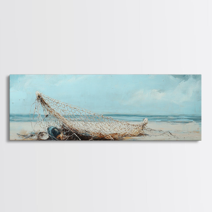 Weathered Fishing Net On Beach Canvas Print, Coastal Wall Art, Nautical Decor, Seascape Painting, Beach House Rustic Home Decor Gift