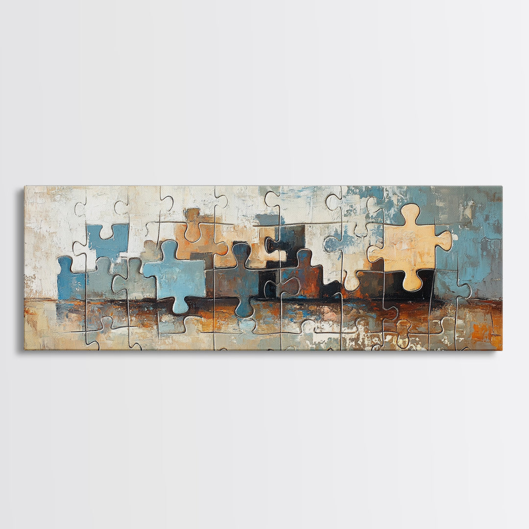 Abstract Puzzle Pieces Painting Wall Art, Modern Geometric Canvas Print For Living Room Decor And Office Decor Gift For Him