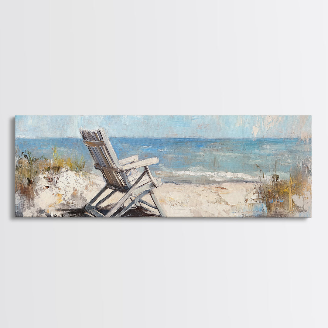 White Beach Chair Ocean View Framed Canvas Print, Coastal Wall Art For Beach House Decor Living Room Decor And Housewarming Gift