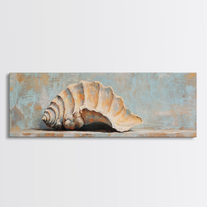 Rustic Seashell Still Life Wall Art, Coastal Beach House Canvas Print, Nautical Bathroom Decor, Ocean Shell Painting Gift