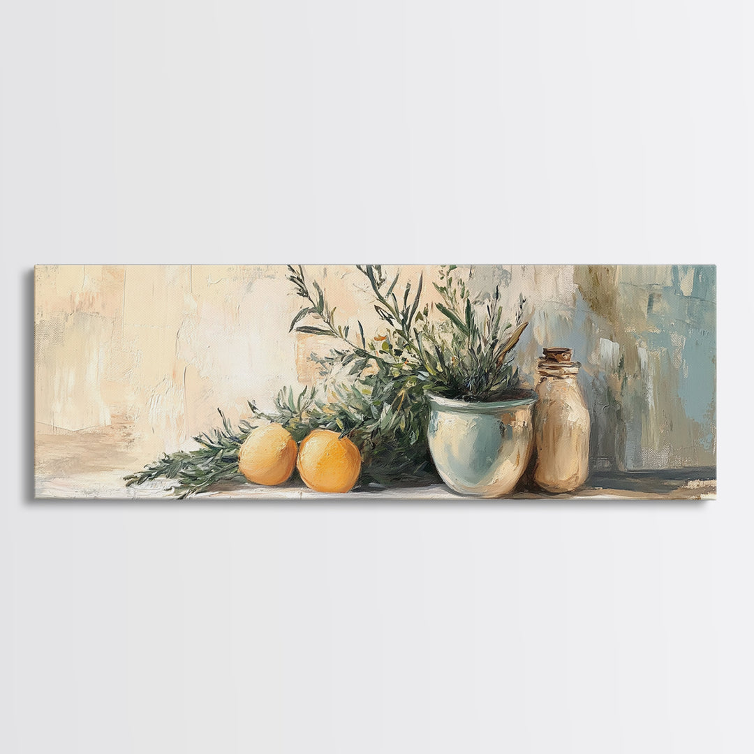 Olive Branch And Citrus Still Life Wall Art, Rustic Kitchen Canvas Print, Farmhouse Country Decor, Mediterranean Art Print