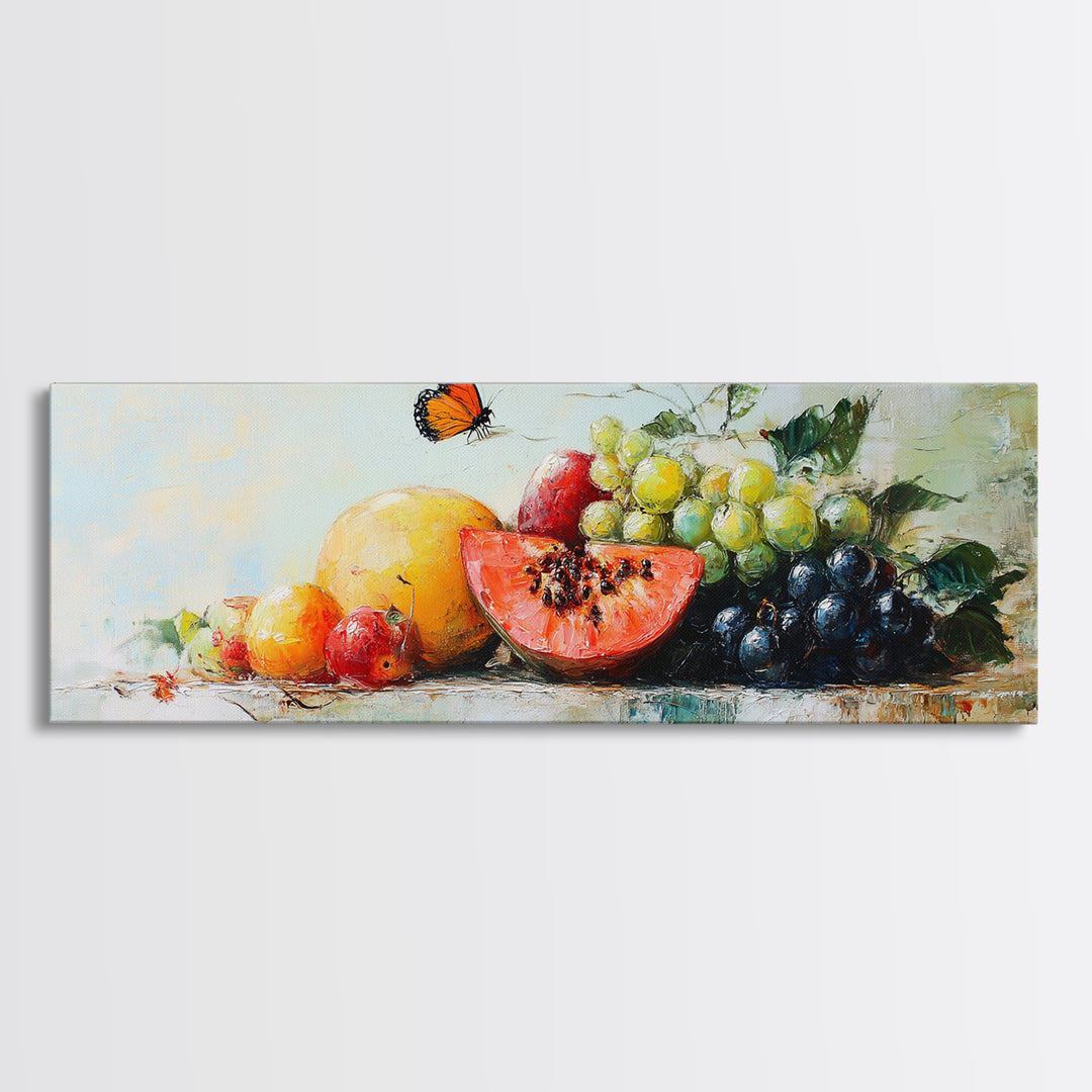 Tropical Fruit And Butterfly Still Life Wall Art, Colorful Kitchen Canvas Print, Summer Farmhouse Decor, Food Lover Gift Art Print