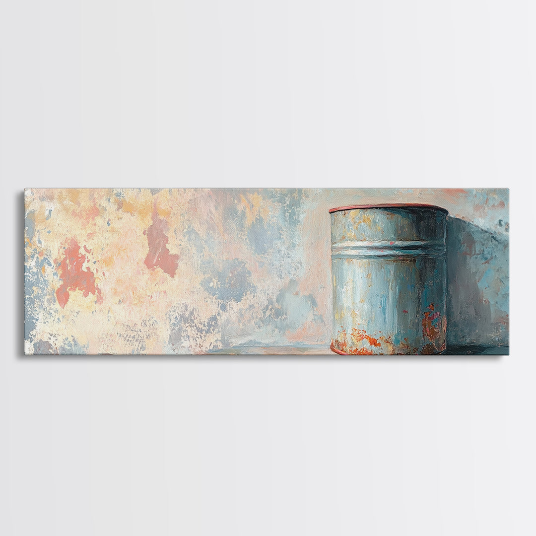 Weathered Blue Tin Can Still Life Wall Art, Rustic Farmhouse Canvas Print, Industrial Kitchen Decor, Textured Painting Print