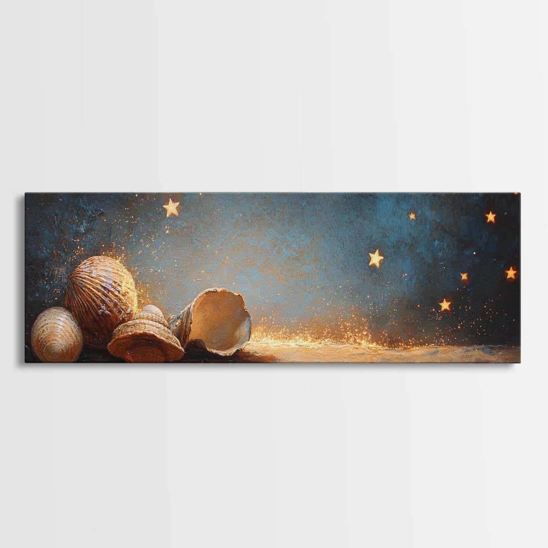 Glowing Seashells And Golden Stars Canvas Print, Coastal Wall Art, Celestial Decor, Beach House Decor, Ocean Wall Decor, Gift For Her