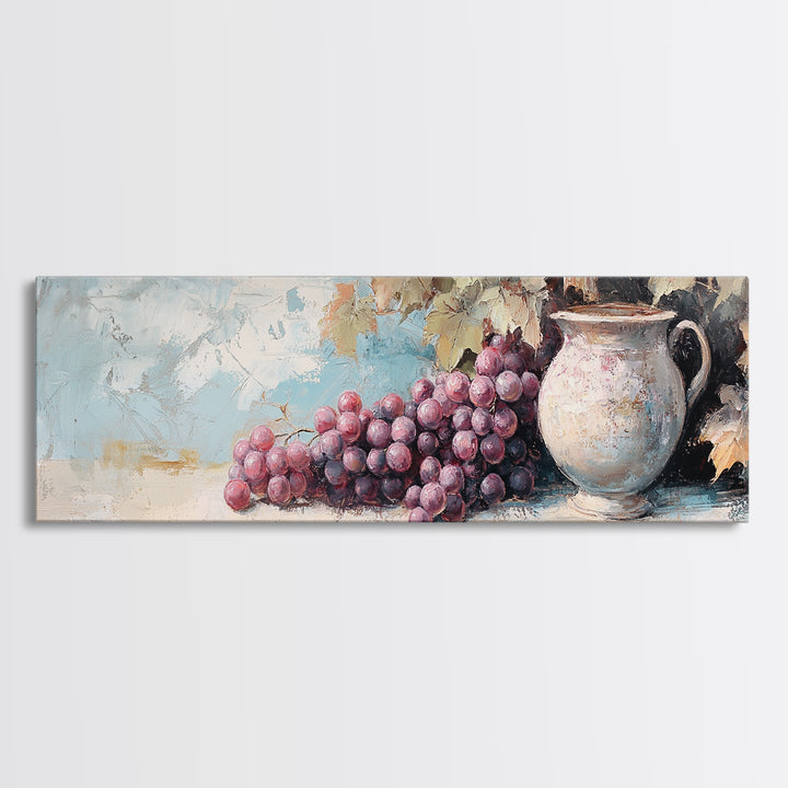 Purple Grapes And Rustic Pitcher Framed Canvas Print, Winery Wall Art, French Country Decor, Kitchen Wall Decor, Gift For Her