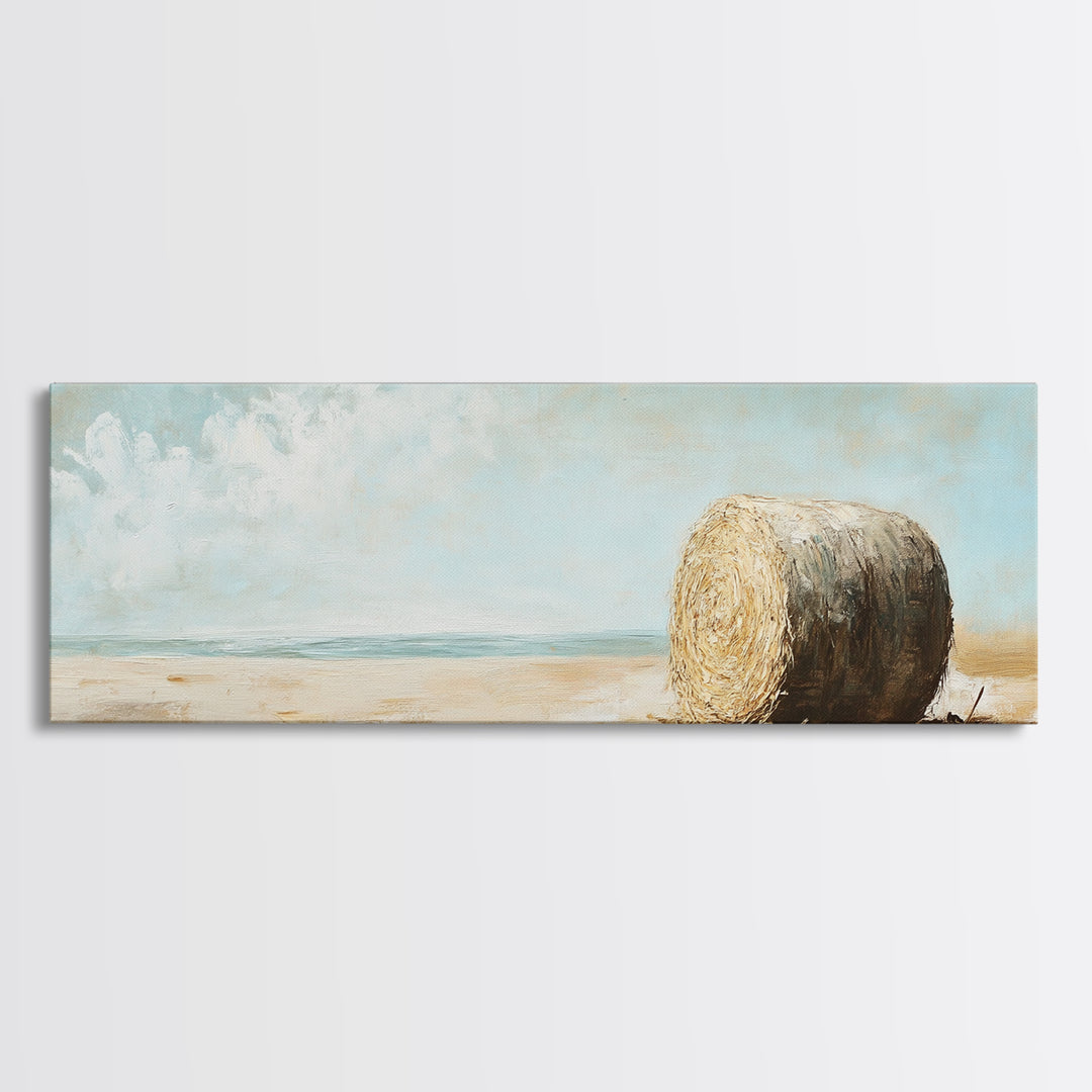 Golden Hay Bale Coastal Landscape Wall Art, Rustic Farmhouse Decor, Country Canvas Print For Living Room Or Kitchen Wall Decor