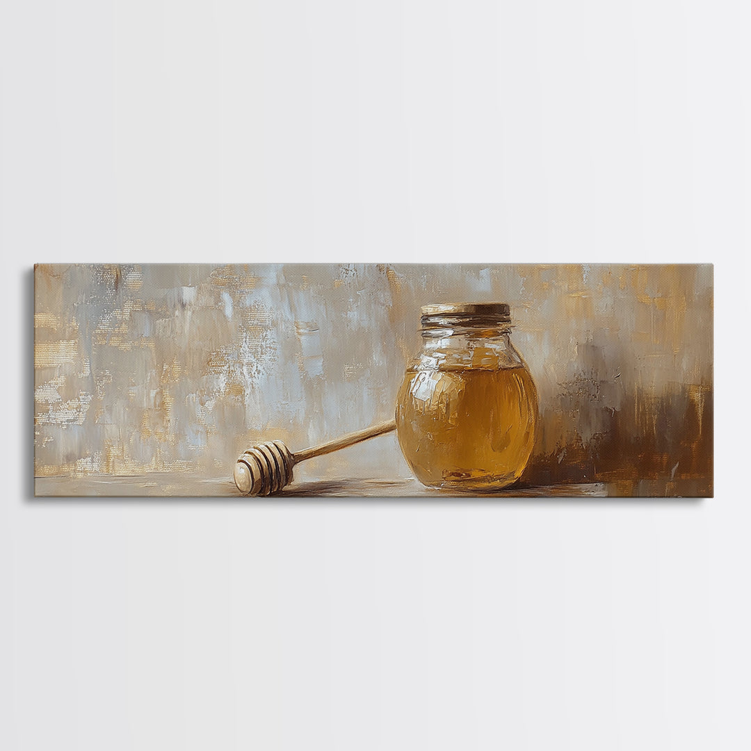 Honey Jar And Dipper Still Life Wall Art, Rustic Kitchen Decor, Farmhouse Canvas Print For Dining Room Or Pantry Wall Decor Gift