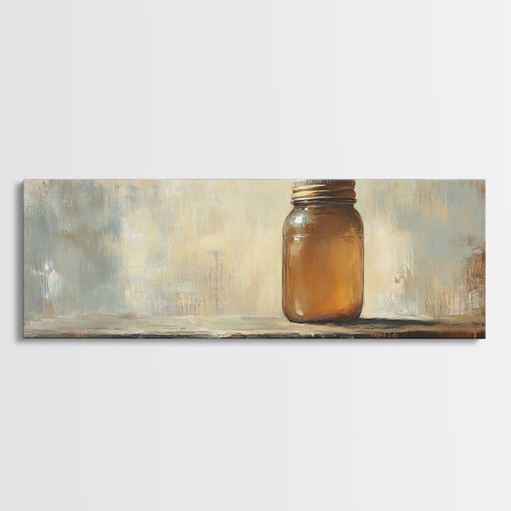 Amber Mason Jar Still Life Wall Art, Rustic Farmhouse Decor, Neutral Canvas Print For Kitchen Shelf Or Dining Room Wall Decor