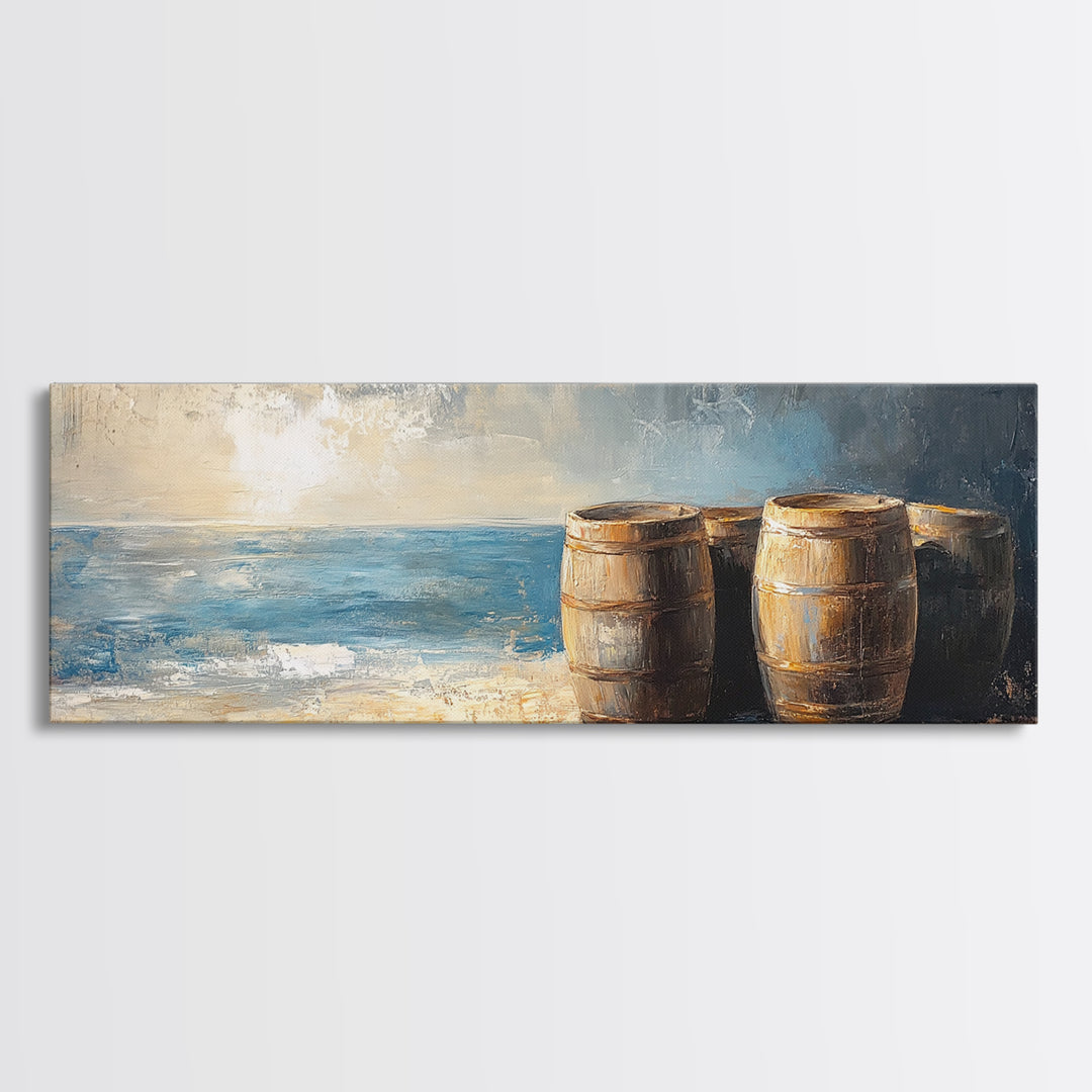 Weathered Barrels By The Sea Wall Art, Coastal Rustic Decor, Nautical Canvas Print For Beach House Living Room Wall Decor Gift