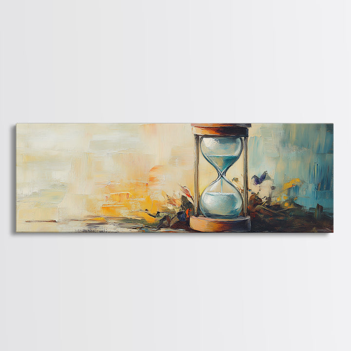 Hourglass Sunset Still Life Wall Art, Long Horizontal Canvas, Neutral Coastal Decor, Abstract Painting, Living Room Print