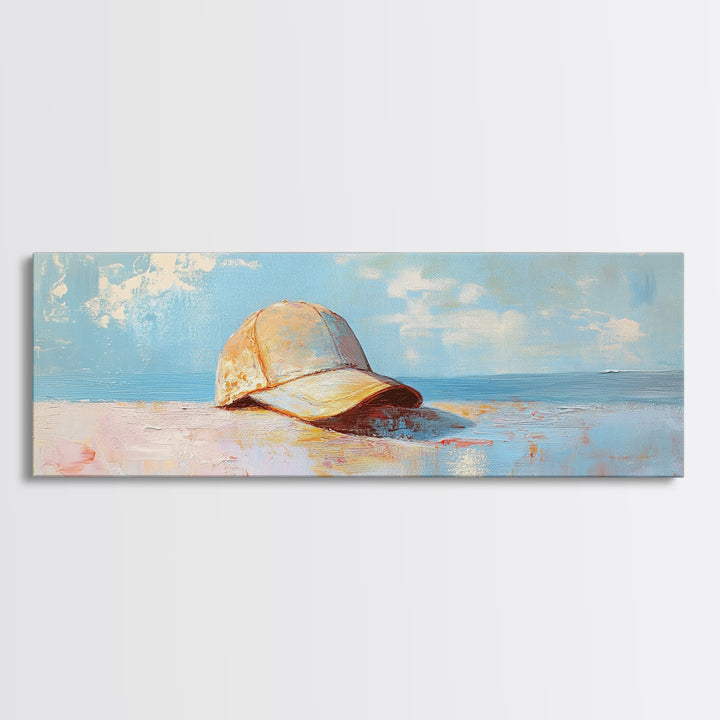 Sunlit Baseball Cap On Sandy Blue Shore Wall Art, Coastal Beach House Decor, Nautical Living Room Print, Gift For Him, Home Decor