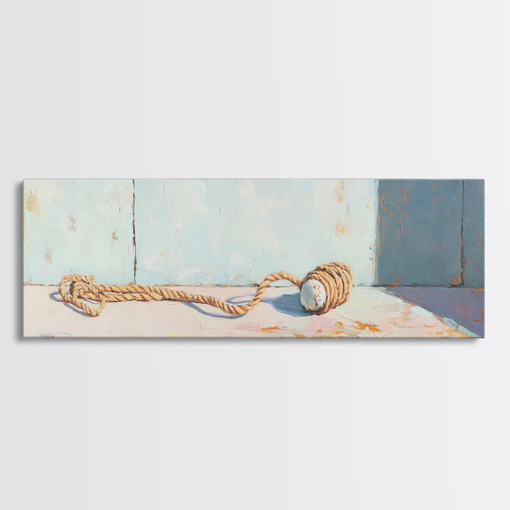 Weathered Rope And Wood Float Canvas Print, Nautical Coastal Wall Art, Beach House Decor, Rustic Bathroom Wall Decor, Ocean Wall Art