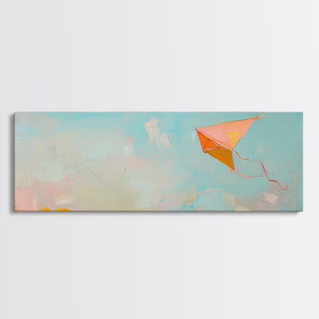 Orange Kite In Blue Summer Sky Canvas Print, Whimsical Nursery Wall Art, Coastal Kids Room Decor, Playful Gift For Her, Dopamine Decor