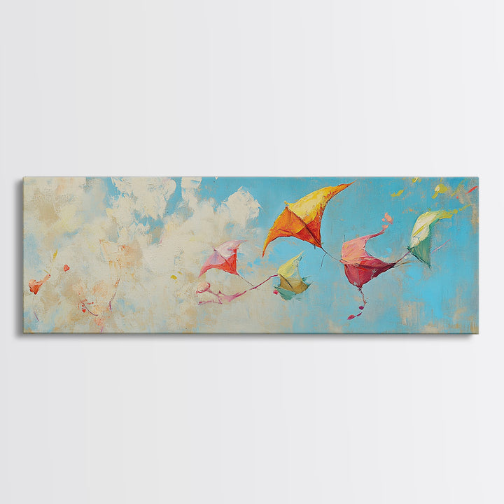 Colorful Kites Drifting Through Clouds Wall Art, Whimsical Kids Room Canvas Print, Playroom Decor, Nursery Wall Art Gift