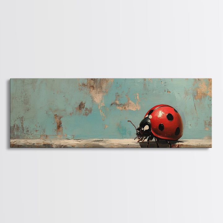 Red Ladybug On Weathered Blue Wall Art, Whimsical Animal Canvas Print, Nature Wall Decor, Kids Room Art, Garden Decor Gift