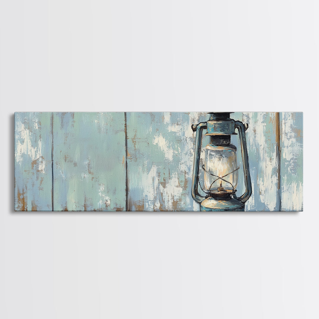 Blue Kerosene Lantern On Weathered Wood Framed Canvas Print, Rustic Wall Art, Coastal Decor, Farmhouse Home Decor, Housewarming Gift